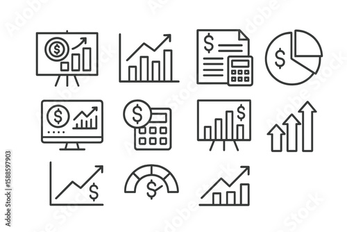 Finance, business line icon set. accounting, graphs, data analysis symbols collection