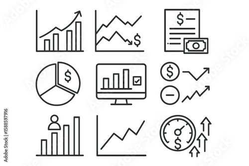 Finance and analytics line icon set. budget, growth, report, statistics, analysis icons