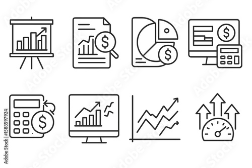Finance and analytics line icon set. financial data, budget, analysis, metrics icons