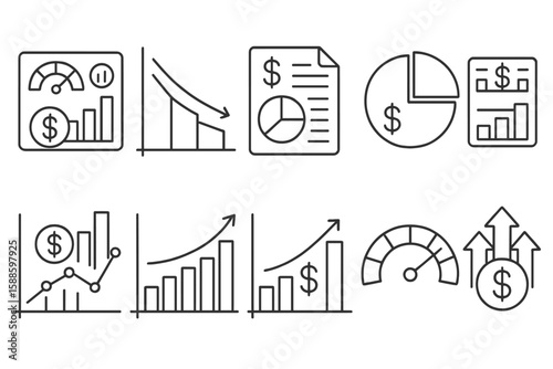 Business and finance outline icon set. charts, graphs, dollar signs in linear style