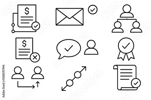 Business communication line icon set: meetings, email, and certification icons