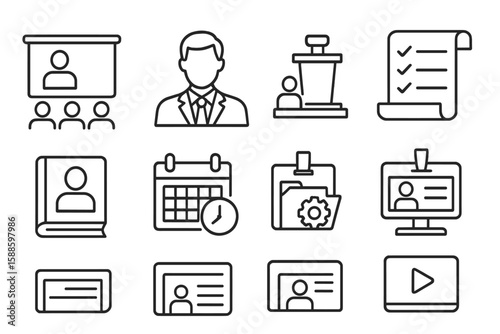 Business and office linear icon set. meeting, calendar, document, presentation icons