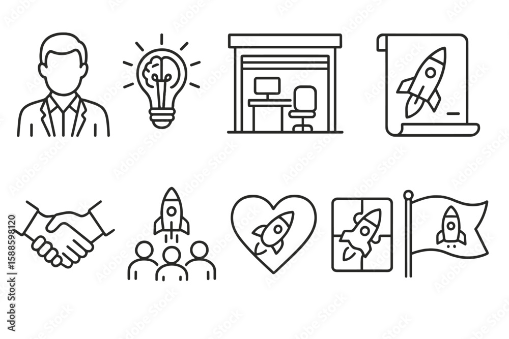 Fototapeta premium Business and startup line icon set. innovation, strategy, teamwork icons collection