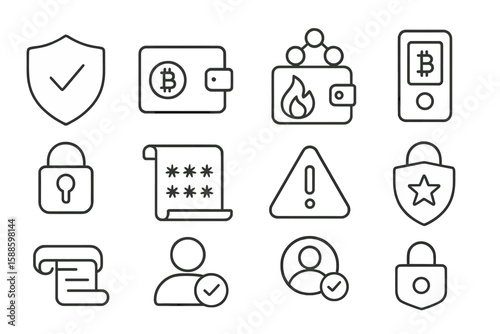 Security and cryptocurrency line icon set. vault, privacy, protect icons collection