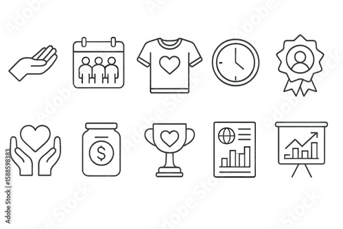 Charity and business outline icon set. donation, finance, awards linear collection