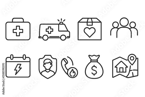 Health and safety outline icon set. medical, emergency, aid, protection symbols collection
