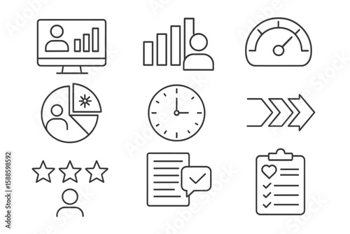 Data analytics outline icon set. metrics, dashboard, reporting tools line collection
