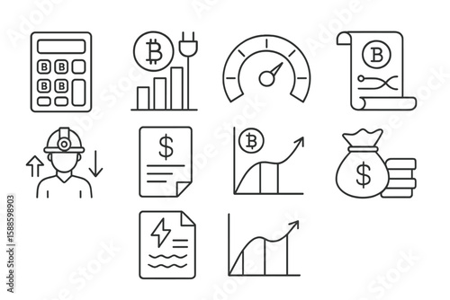 Finance and cryptocurrency line icon set. economics, trading linear collection