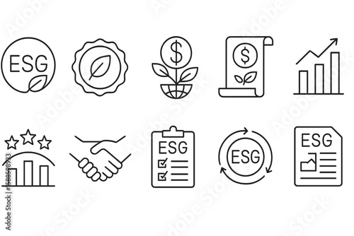 Esg, finance, growth linear icon set. sustainability, investment outline collection