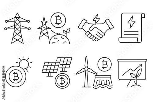 Energy and bitcoin line icon set. renewable, sustainable power line icons collection