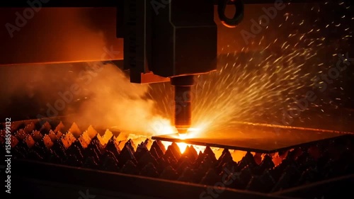 Industrial laser cutting metal sheet with sparks flying