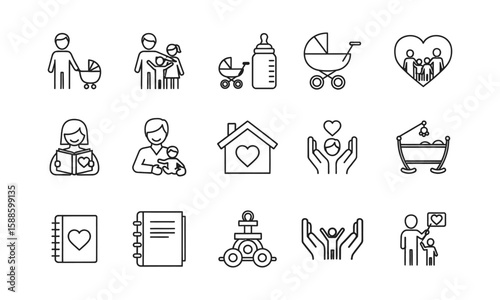 A collection of line art icons depicting family life, parenthood, and childcare.