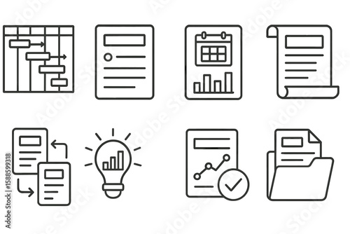 Finance and planning linear icon set. budget, strategy, data management icons
