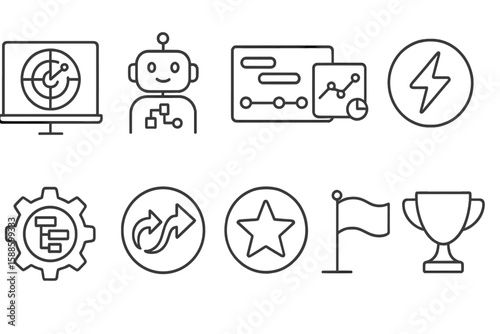 Technology, artificial intelligence line icon set. robotics, data analysis, innovation