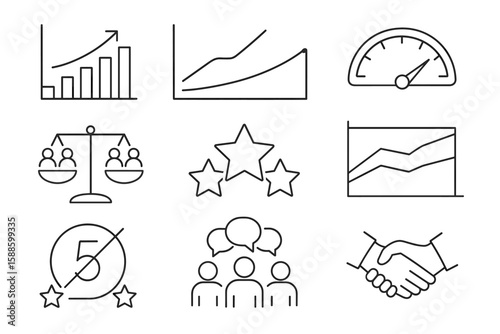 Business metrics icon set. analysis, growth indicators in linear style collection