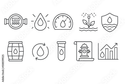 Water conservation outline icon set. efficient usage and sustainability symbols