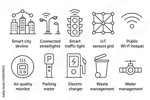 Smart city technology icon set. connected, public infrastructure icons line collection