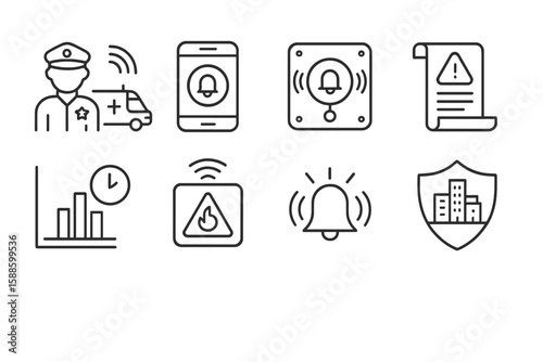 Security and alert outline icon set for safety and emergency notifications