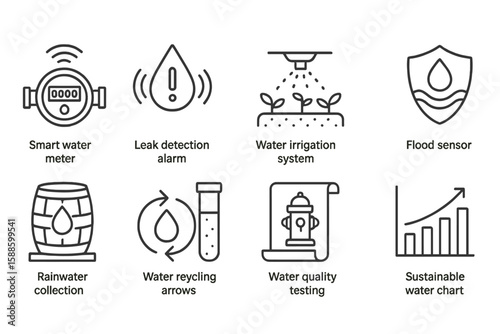 Water management linear icon set. conservation, irrigation tools line collection