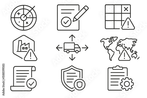 Logistics and safety line icon set. delivery, security, alert, checklist, world icons