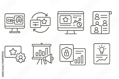 Business and marketing icon set. essential work tools linear collection