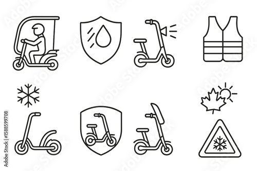 Transport and safety line icon set. scooter, shield, vest, weather symbols collection