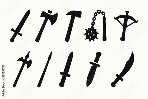 Medieval weapons silhouette icon set. historical, warfare silhouette collection