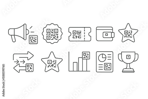 Qr code icon set: outline style for marketing, finance, analytics, and rewards