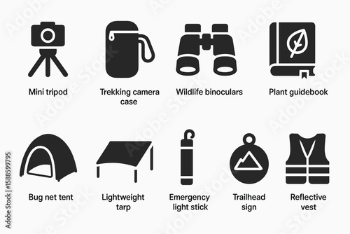 Camping gear silhouette icon set. outdoor essentials, adventure symbols in silhouette