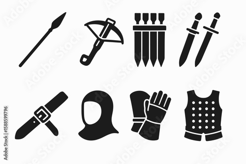 Weapon and armor icon set in silhouette. medieval weapons, armor collection