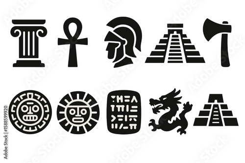 Ancient history silhouette icon set. artifacts, symbols iconic silhouette collection