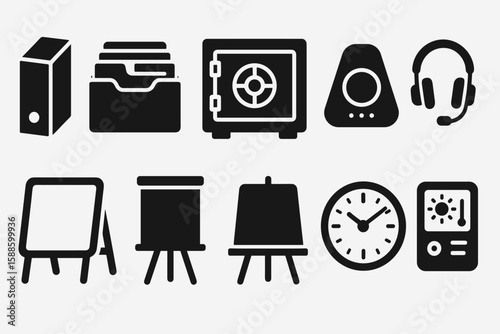 Office essentials silhouette icon set. folder, safe, clock, headset, easel icons