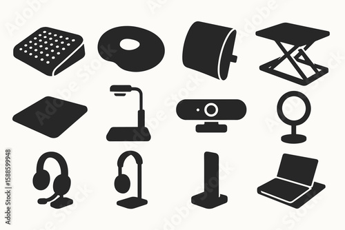 Office furniture silhouette icon set. desk, chair, lamp icons in silhouette style