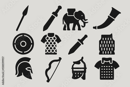 Ancient weapons and armor silhouette icon set. historical, military symbols collection