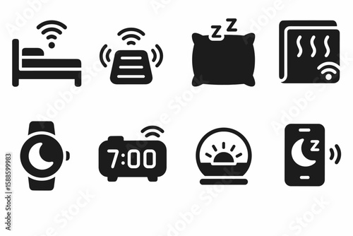 Smart home solid icon set for sleep, tech, and home automation solutions