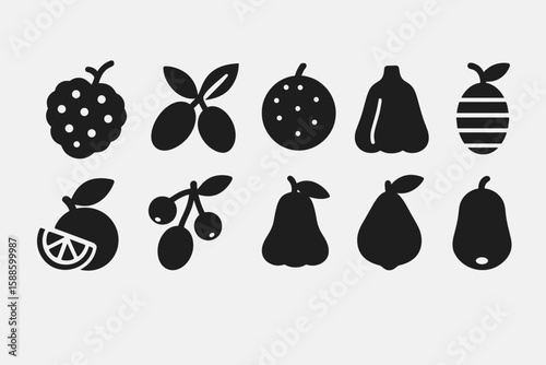 Fruit silhouette icon set. berries, citrus, pears silhouette collection