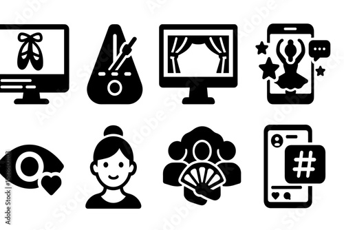 Music and dance silhouette icon set. instruments, performance, ballet silhouette icons