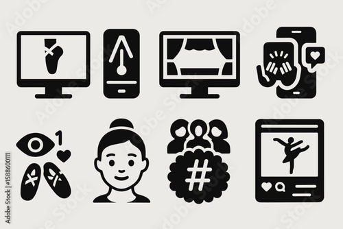 Ballet dance solid icon set. performance, social media, and photography icons