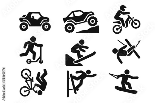 Outdoor adventure silhouette icon set: off-roading, surfing, skiing, cycling