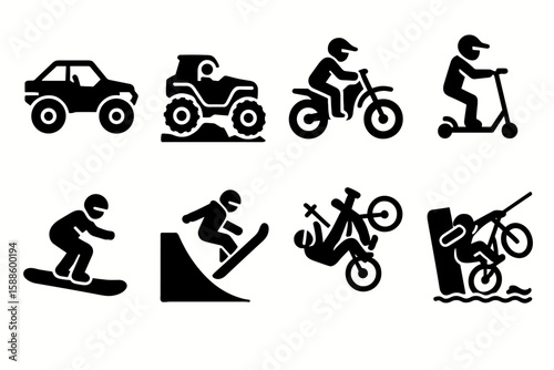 Adventure sports silhouette icon set. motorbike, skateboard, scooter action silhouettes