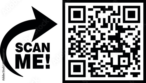 Black and white QR code with bold scan me arrow icon for quick digital access or information sharing	