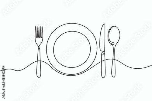 Minimalist single line drawing of a plate fork knife and spoon isolated on white background
