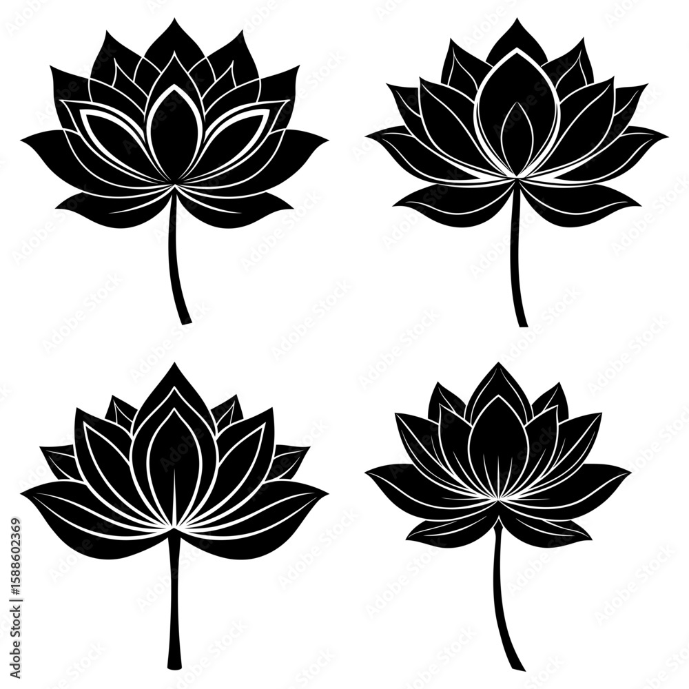 Obraz premium Four black and white lotus flower illustrations with varying petal arrangements and stem designs shown