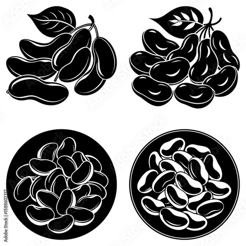 Illustration of black and white beans on branches and in bowls in a vector format image style