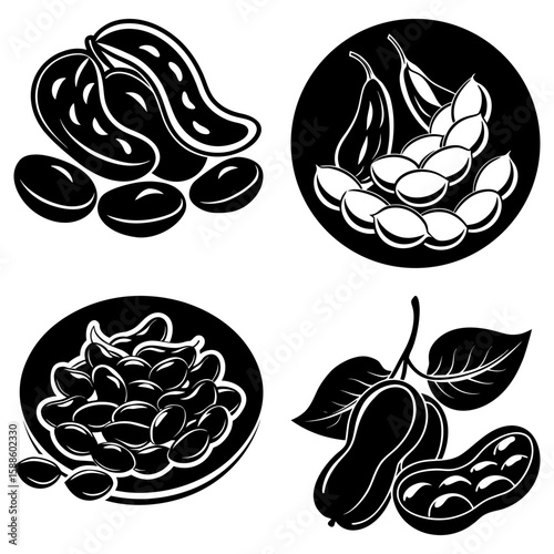 Illustration of peanuts, soybeans, and legumes in black and white monochrome style drawing design set