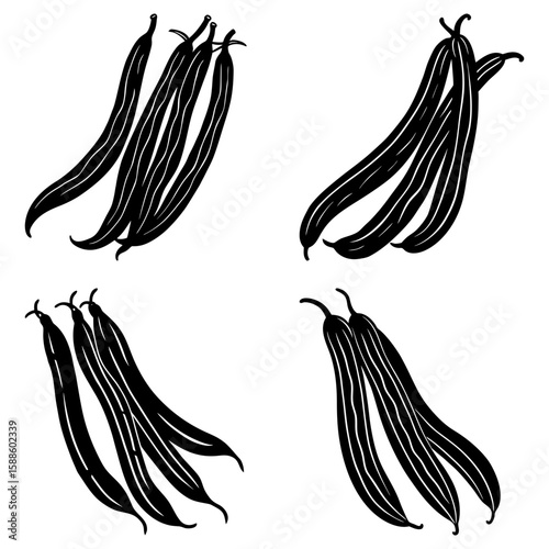 Illustration of four groups of black vanilla beans arranged on a white background in a simple style