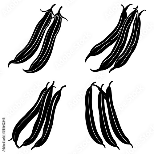A group of black and white string beans are arranged in four different clusters on a white background