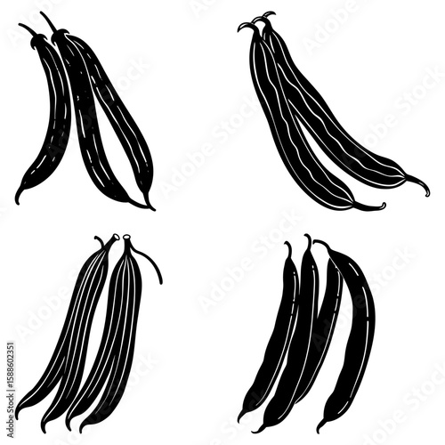 Four groupings of black and white string beans arranged on a white background in a graphic style