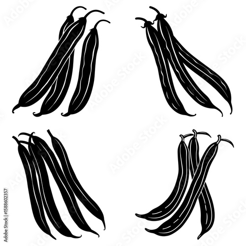 Four groups of black and white string beans arranged symmetrically on a white background design element