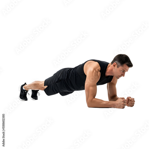 Athletic man performing a plank exercise with a transparent background